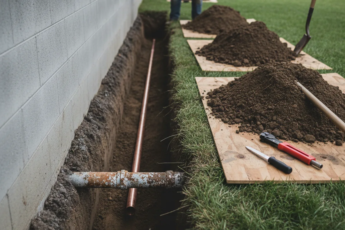 Excavated water line trench during Sewer Line Repair in Spring Park